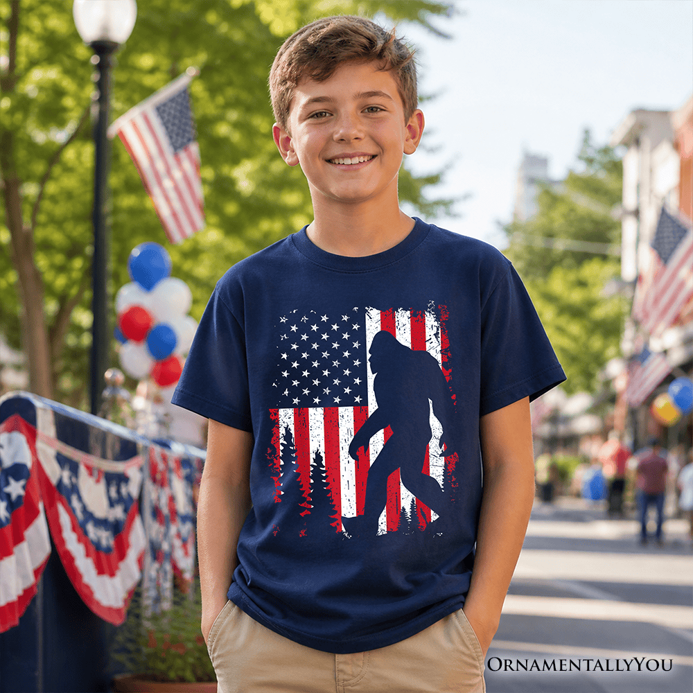 Kids Bigfoot American Flag T-Shirt, Youth Patriotic Sasquatch Tee