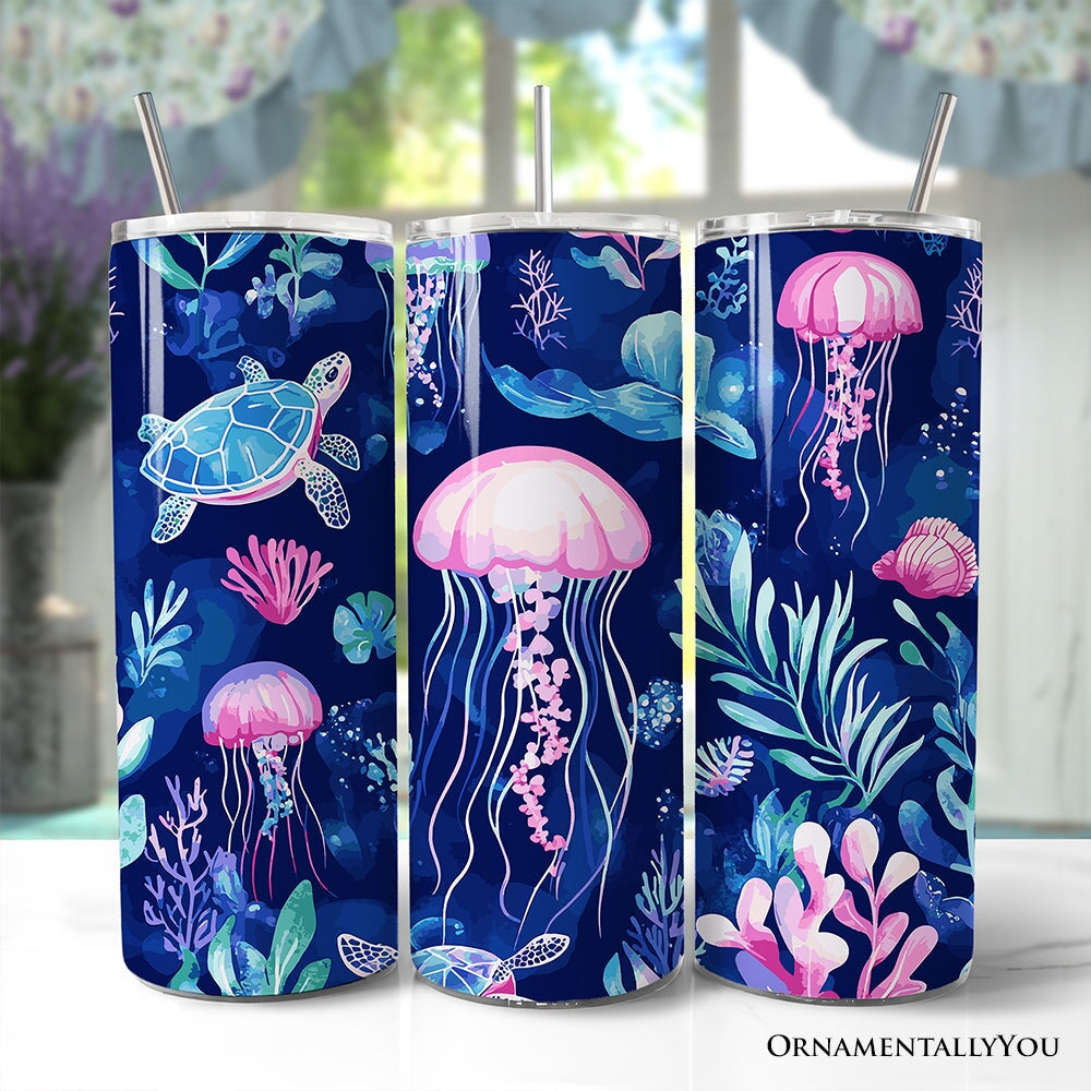 Ocean Jellyfish and Sea Turtle 20oz Personalized Tumbler With Lid and Stainless Steel Straw, Underwater Coral Reef Gift Cup