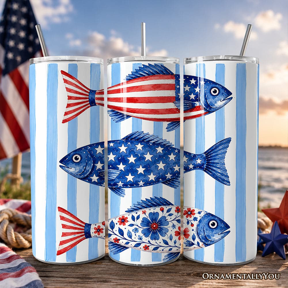 Patriotic Fish Stripe 20oz Personalized Tumbler With Lid and Stainless Steel Straw, 4th of July Angler Gift Cup
