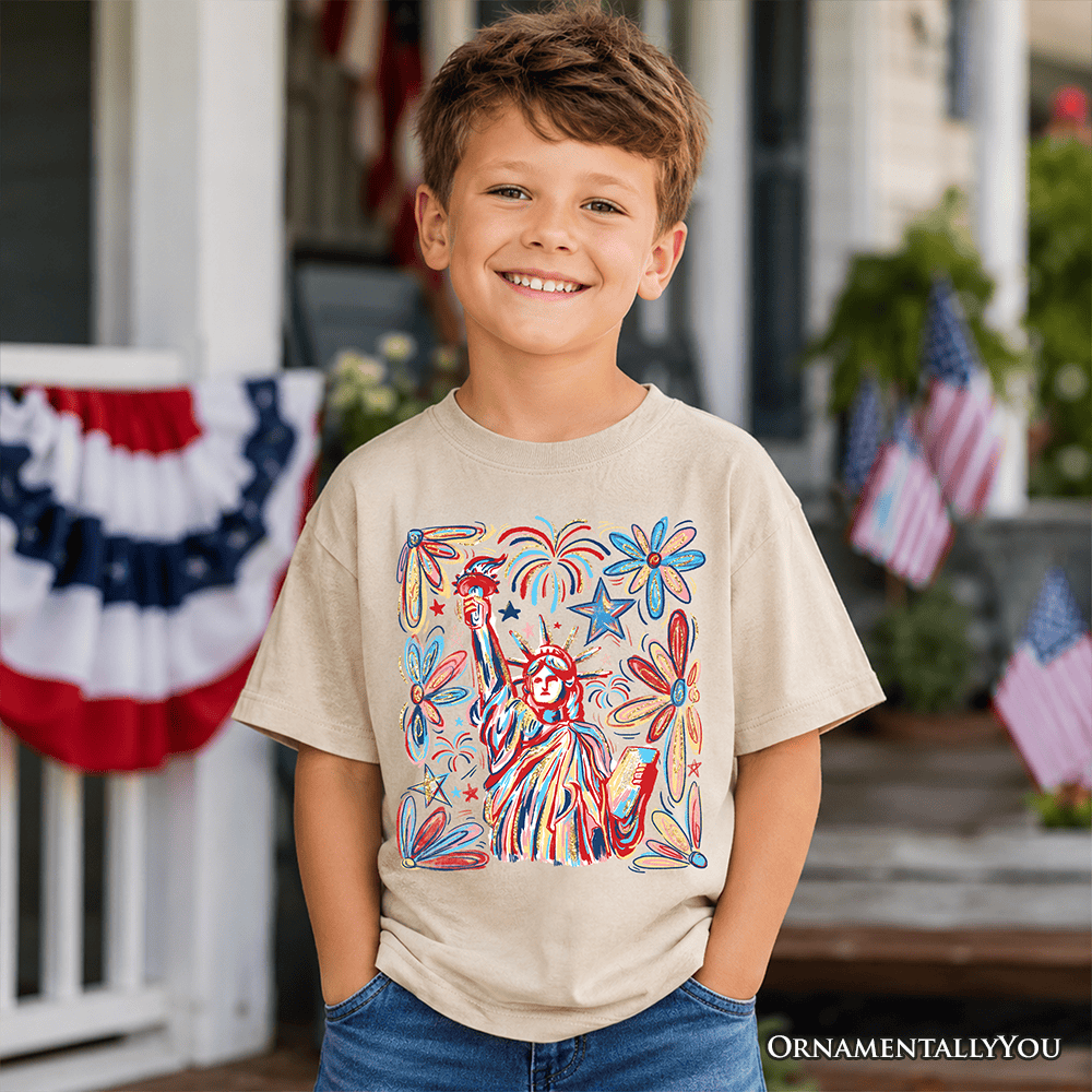Kids Patriotic Statue of Liberty and Fireworks T-Shirt, Festive 4th of July Youth Tee