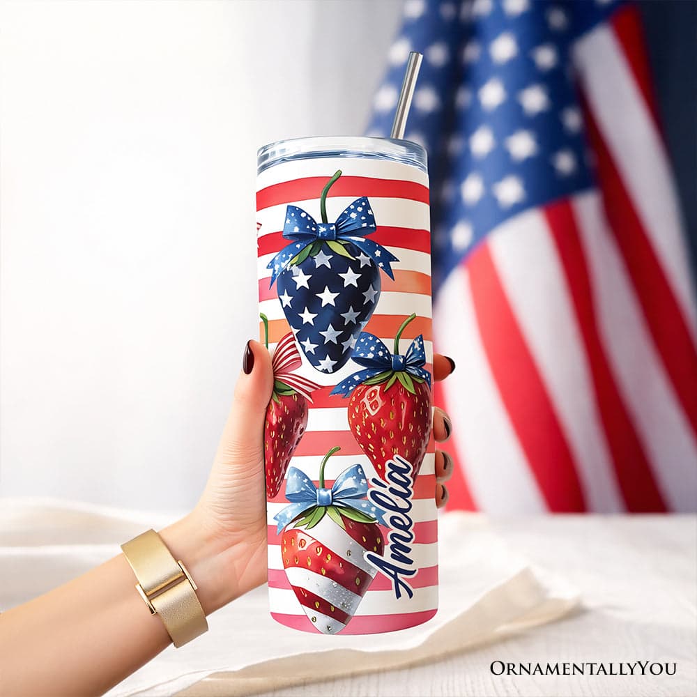 Berry Proud to Be an American 20oz Personalized Tumbler With Lid and Stainless Steel Straw, Patriotic Strawberry 4th of July Gift Cup