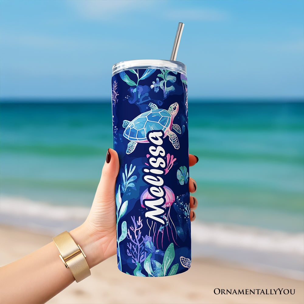 Ocean Jellyfish and Sea Turtle 20oz Personalized Tumbler With Lid and Stainless Steel Straw, Underwater Coral Reef Gift Cup