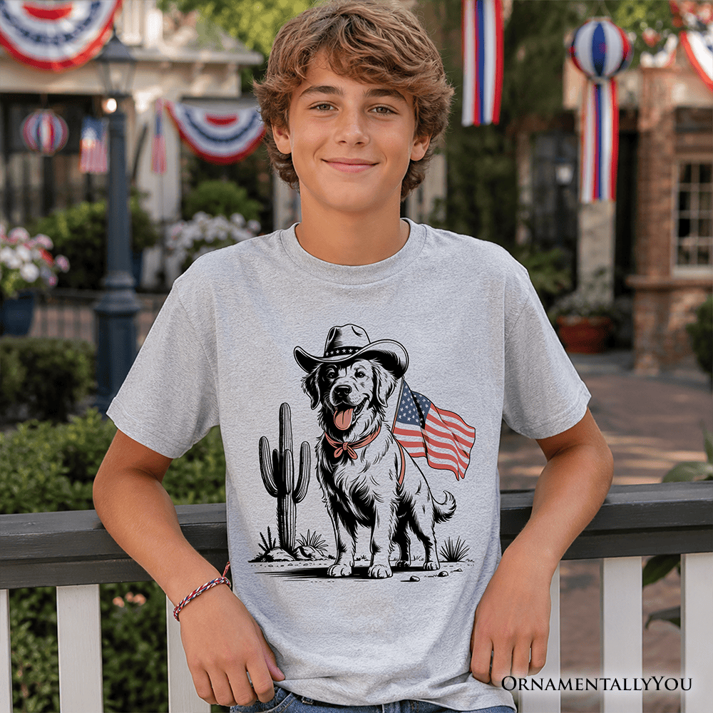 Kids American Cowboy Dog T-Shirt, Western Youth 4th of July Tee for Pet Lovers