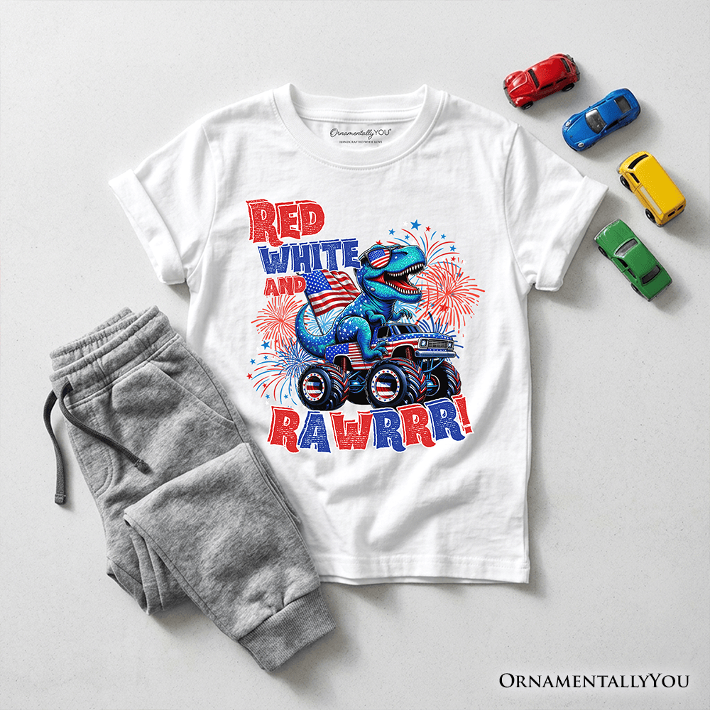 Kids Patriotic Dinosaur Monster Truck T-Shirt, Red White and Rawrr 4th of July Youth Tee