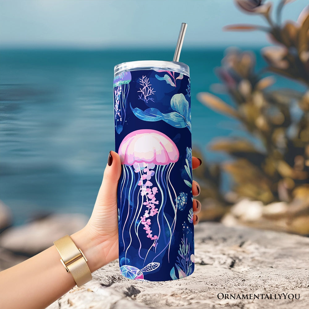 Ocean Jellyfish and Sea Turtle 20oz Personalized Tumbler With Lid and Stainless Steel Straw, Underwater Coral Reef Gift Cup