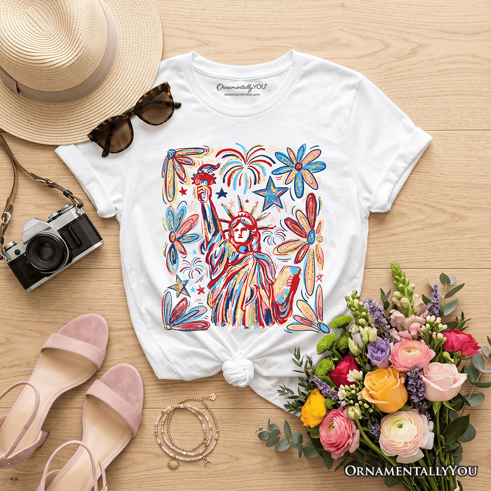Kids Patriotic Statue of Liberty and Fireworks T-Shirt, Festive 4th of July Youth Tee