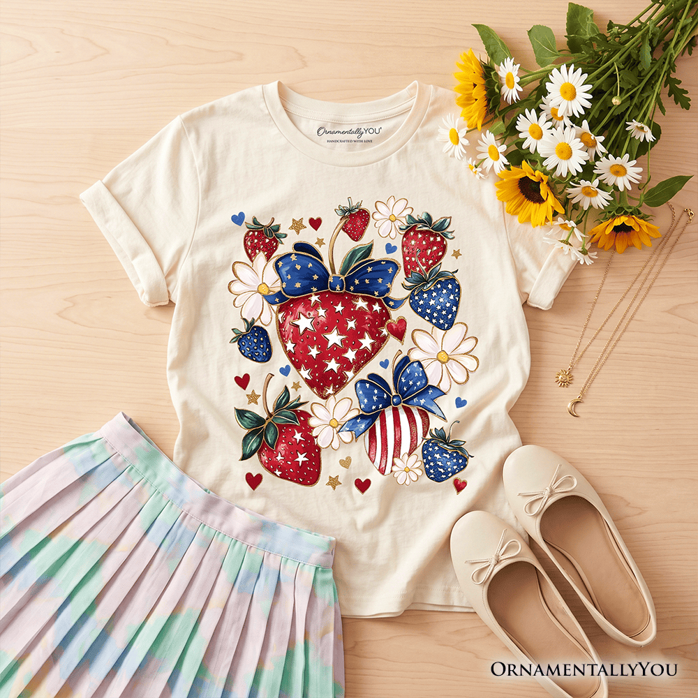 Kids Patriotic Boho Strawberries Bouquet T-Shirt, Youth 4th of July Festive Patch Tee