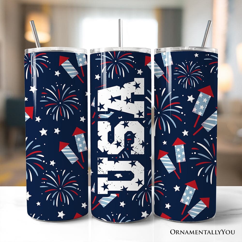 Fireworks USA Block Letters 20oz Personalized Tumbler With Lid and Stainless Steel Straw, Vintage July 4th Patriotic Gift Cup