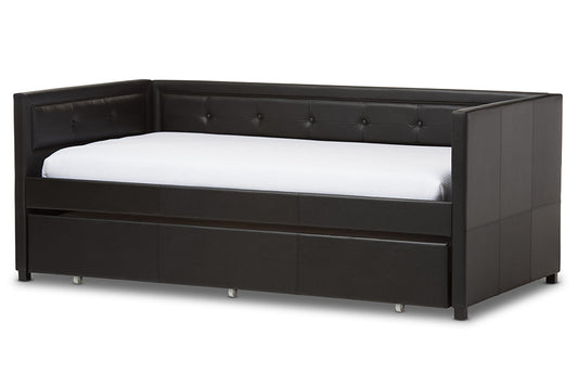 Baxton Studio Frank Modern and Contemporary Black Faux Leather Button-Tufting Sofa Twin Daybed with Roll-Out Trundle Guest Bed