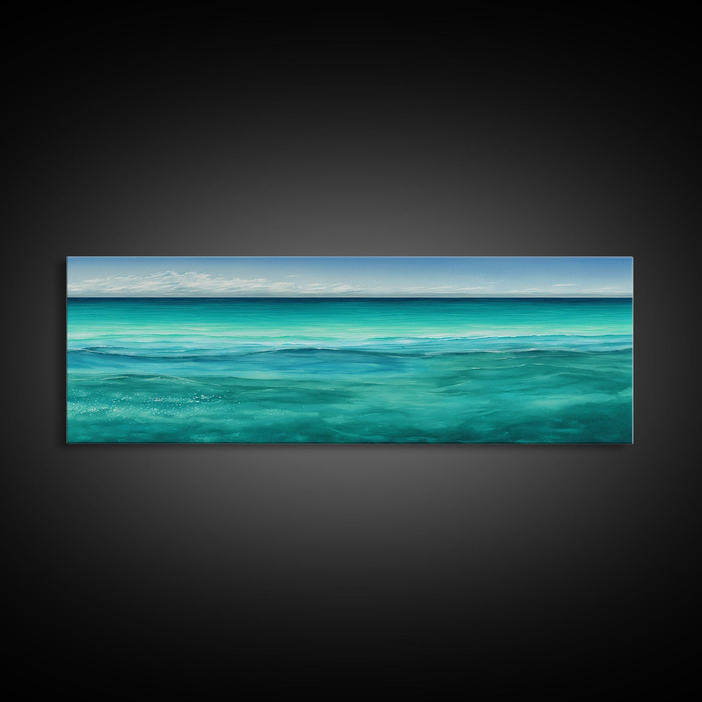 Panoramic Canvas Print of Blue Ocean Landscape Painting - Home and Office Decor, Sea Green, Seascapes, Pacific Ocean, Atlantic Ocean