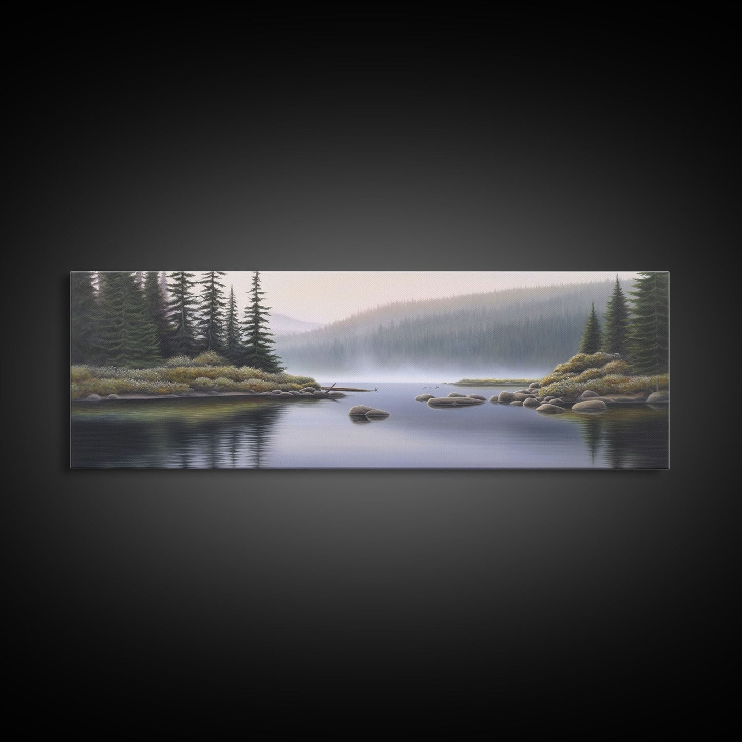 Colored Pencil Landscape Wall Art Print, Riverbank, River, Trees, Mountain, Nature Large Canvas Art Print, Panoramic, Wall Art, Canvas Print