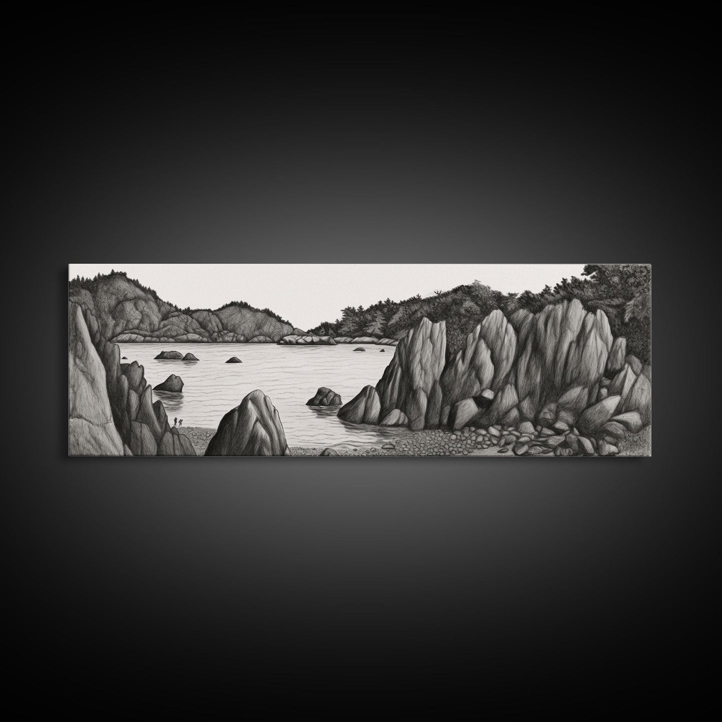 Pencil Sketch River Wall Art Print, Nature, Water, Black And White, Wall Decor, Large Canvas Art Print, Panoramic, Wall Art, Canvas Print