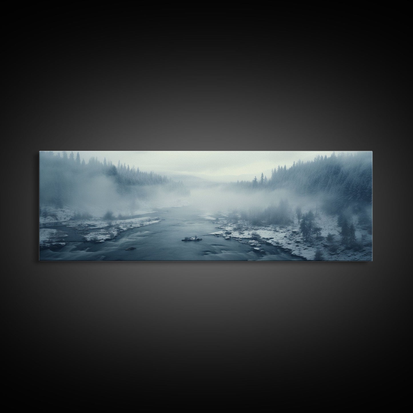 Panoramic Winter Scene Canvas Print, Winter Stream Drone Shot Bird's Eye View, Rustic Winter Centerpiece Wall Art, Panoramic Art
