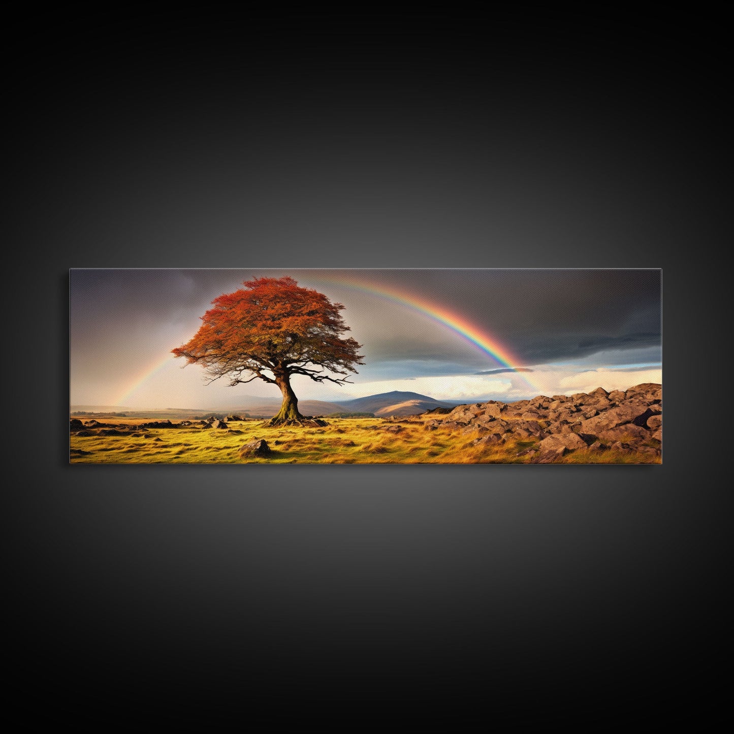 Landscape Wall Art, Vintage Art, Framed Canvas Print, Rainbow Over The Prairie Photography Print, Panoramic Style Extra Large Art