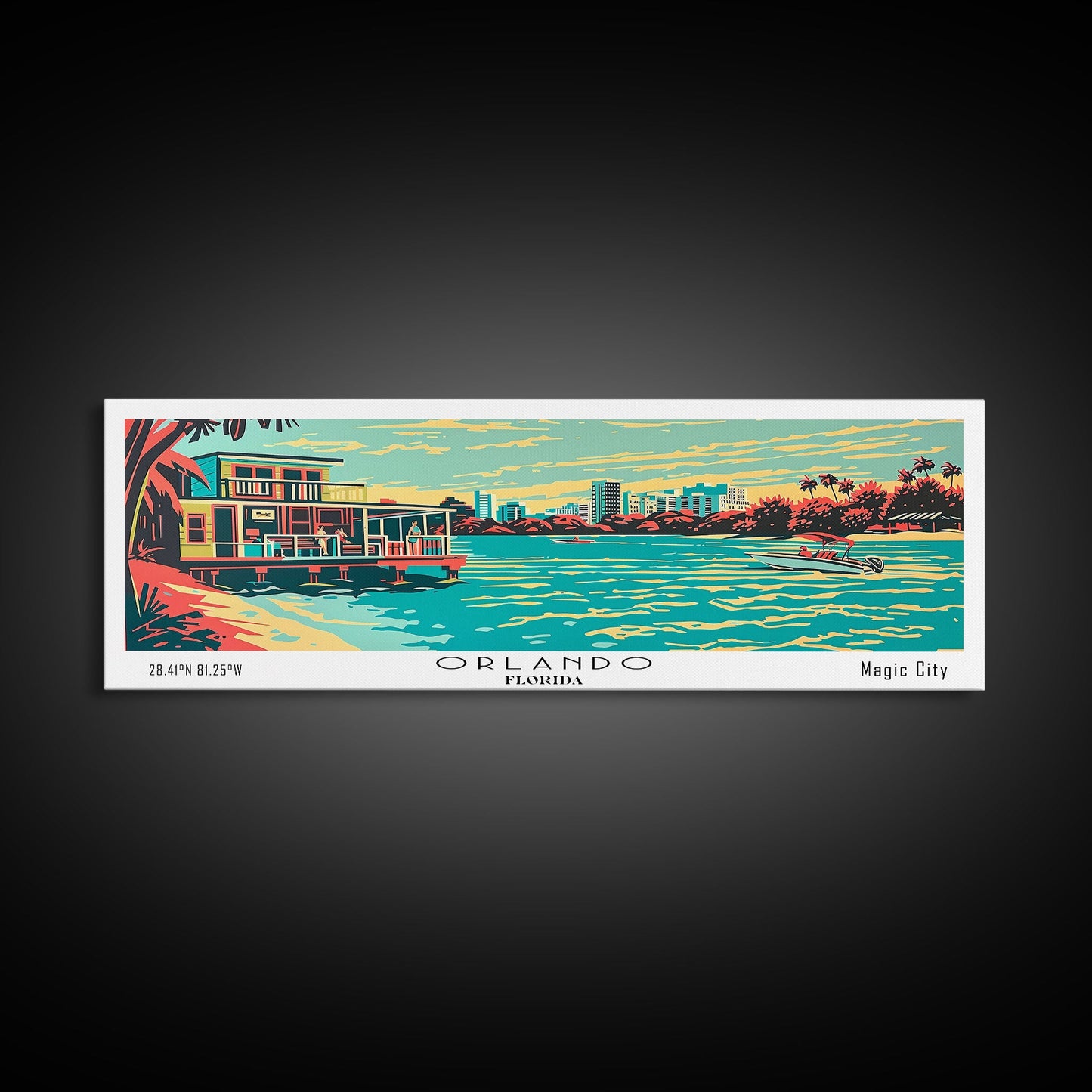 Orlando Florida Panoramic Painting Framed Canvas Print, Travel Poster, Mid Century Modern Art, Pop Art Style, Wall Decor, Office Art