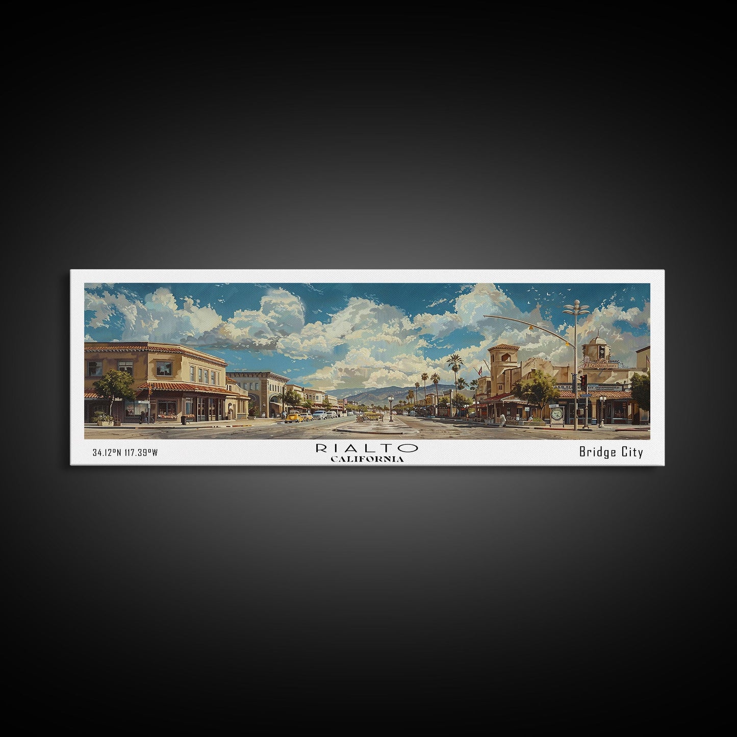 Rialto California Panoramic Print, Modern Framed Canvas Print, Travel Poster Art, Home Decoration, Wall Art, Office Decor