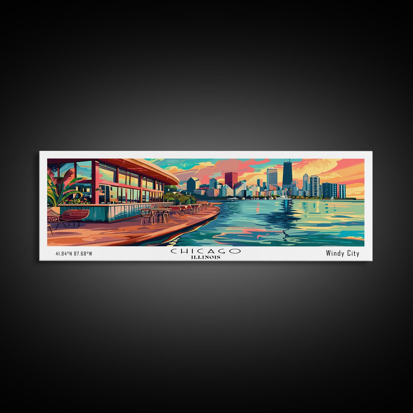 Chicago Illinois Panoramic Painting Framed Canvas Print, Mid Century Modern Art, Pop Art Style, Travel Poster, Living Room Decor
