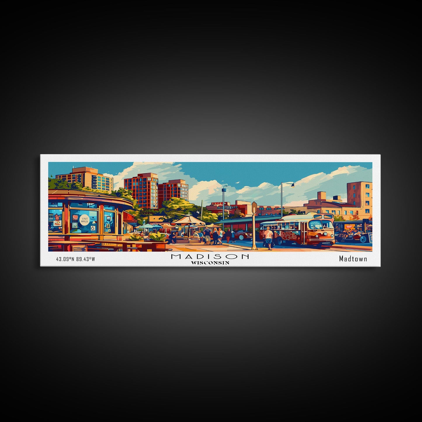 Madison Wisconsin Panoramic Painting, Mid Century Modern Framed Canvas Print, Retro Style Wall Art, Pop Art Travel Poster