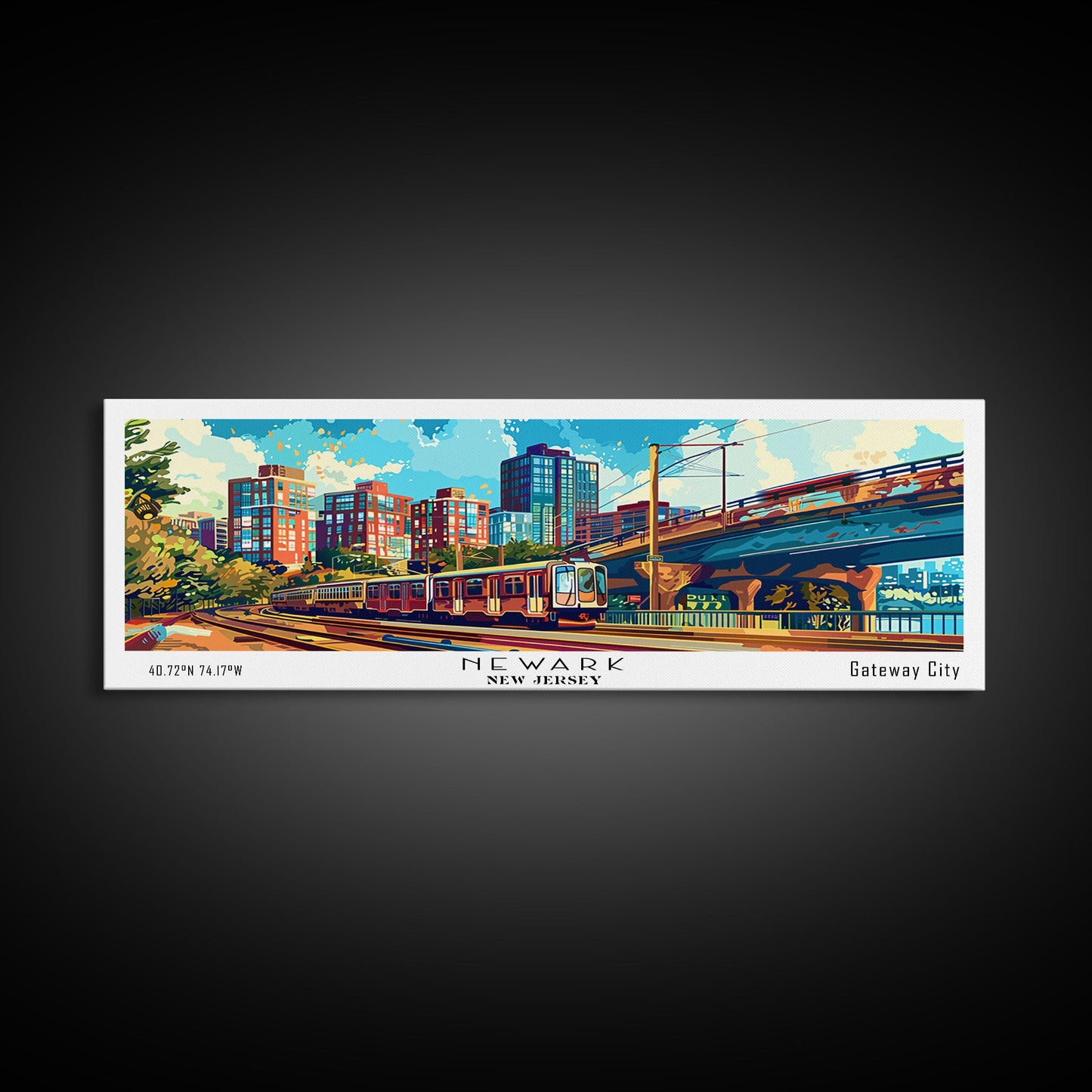 Newark New Jersey Panoramic Painting, Retro Style Framed Canvas Print, Mid Century Modern Wall Art, Pop Art Travel Poster