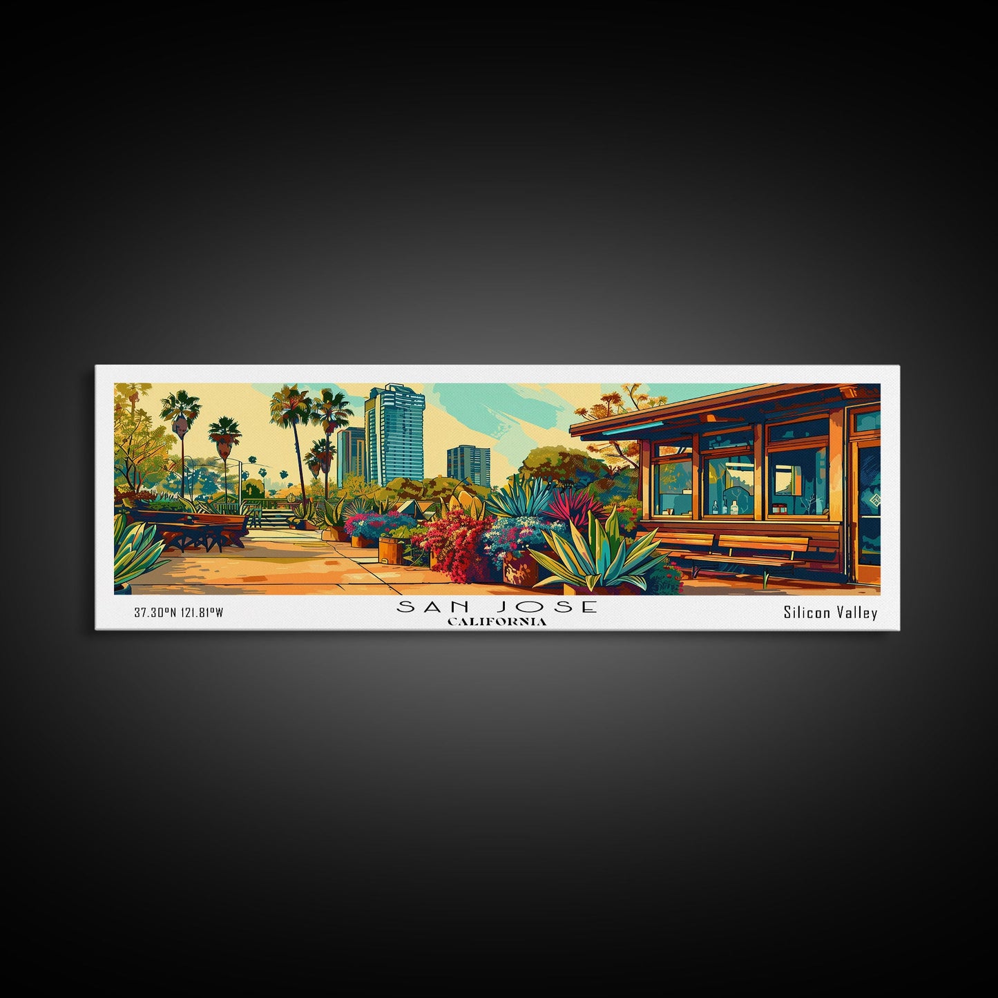 San Jose California Panoramic Wall Art, Mid Century Modern Framed Canvas Print, Retro Pop Art Travel Poster, Home Decor
