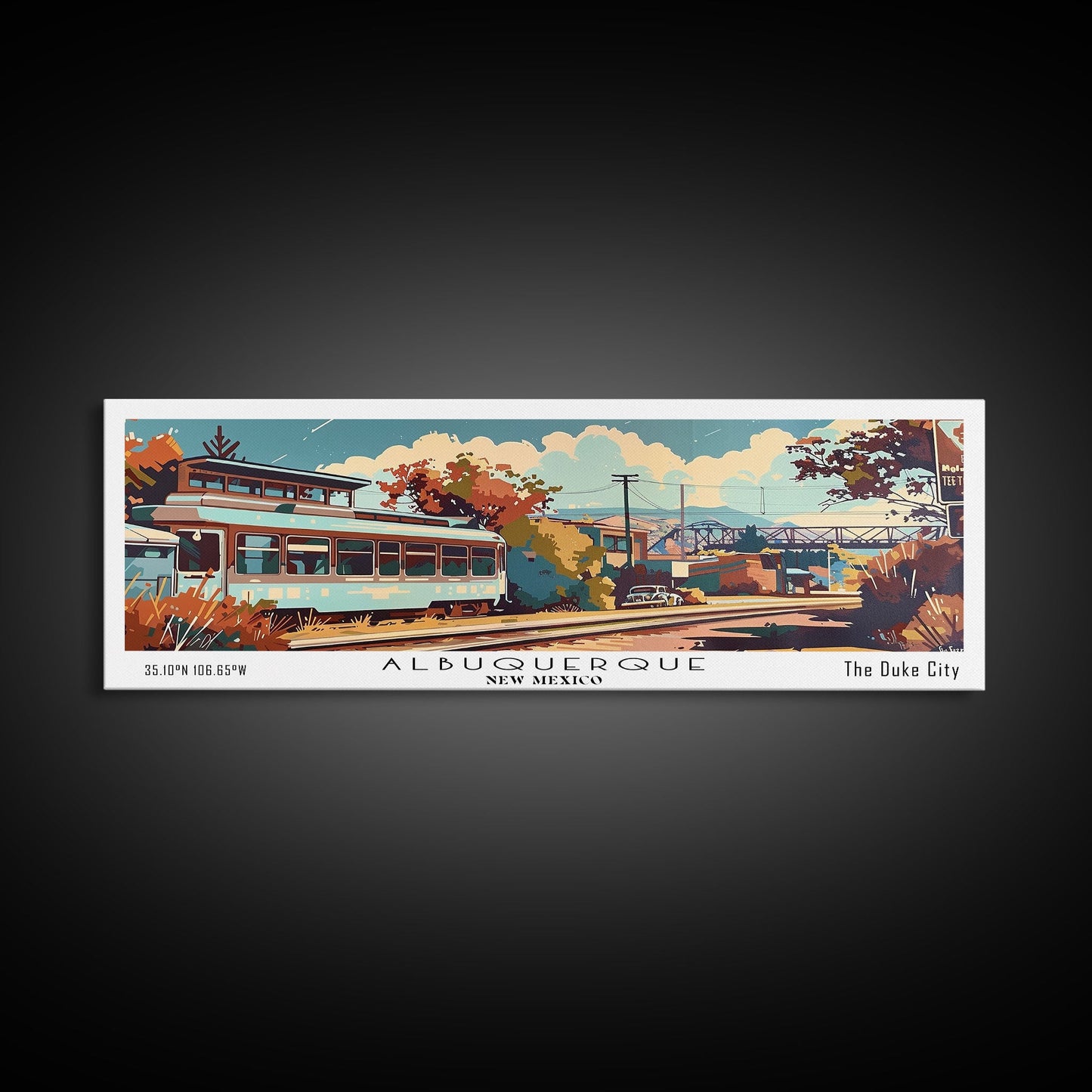 Albuquerque New Mexico Panoramic Painting, Mid Century Modern Framed Canvas Print, Retro Pop Art Travel Poster, Wall Decor, Office Art