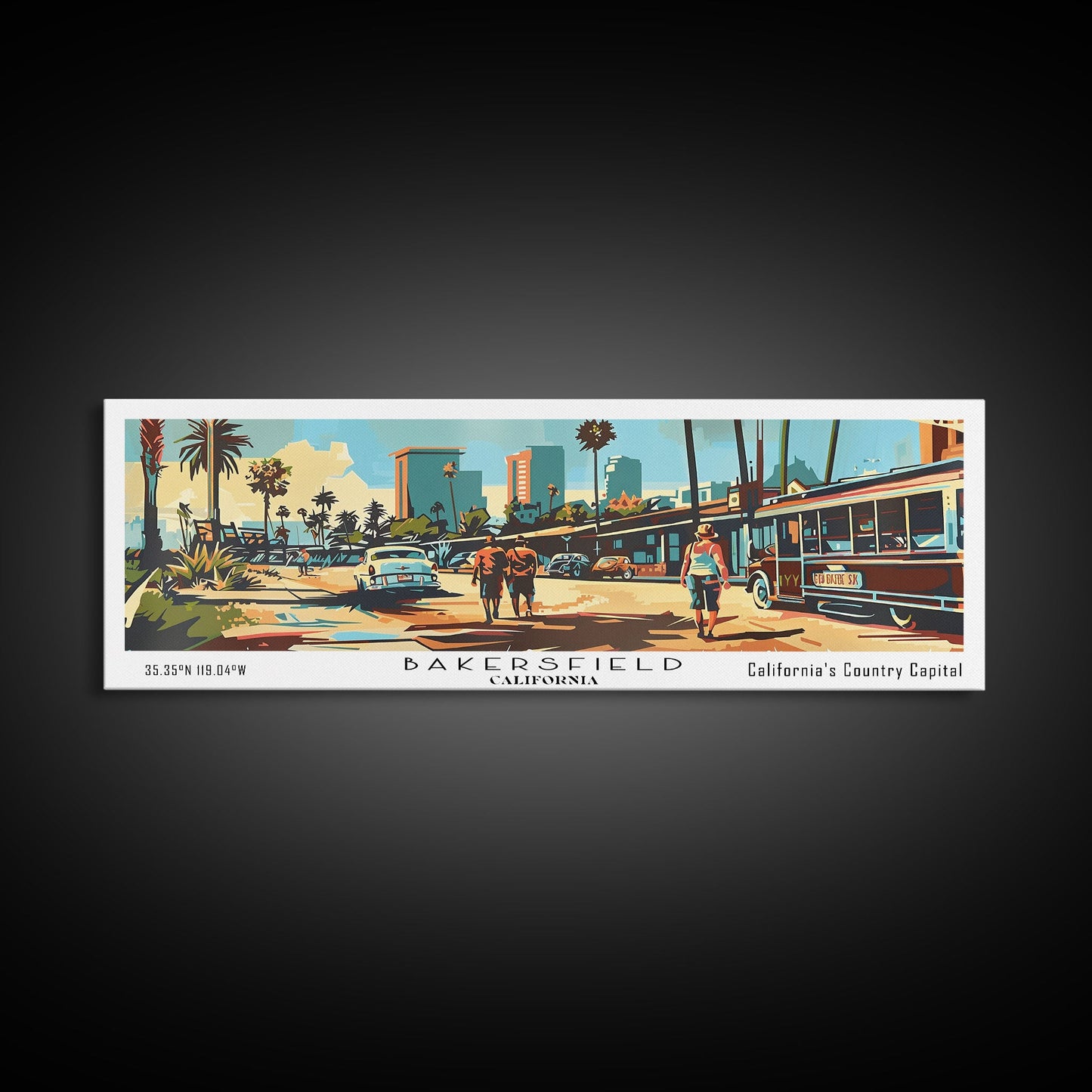 Bakersfield California Panoramic Wall Art, Mid Century Modern Framed Canvas Print, Retro Pop Art Travel Poster, Office Wall Art, Living Room Decor
