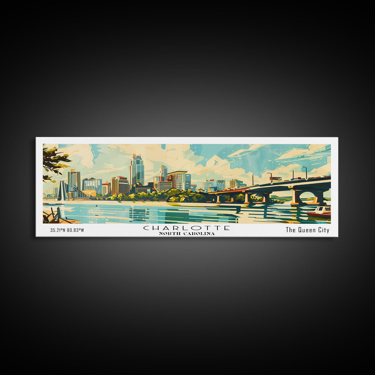Charlotte North Carolina Panoramic Painting, Mid Century Modern Framed Canvas Print, Retro Pop Art Travel Poster, Wall Art, Home Decor, Office Art