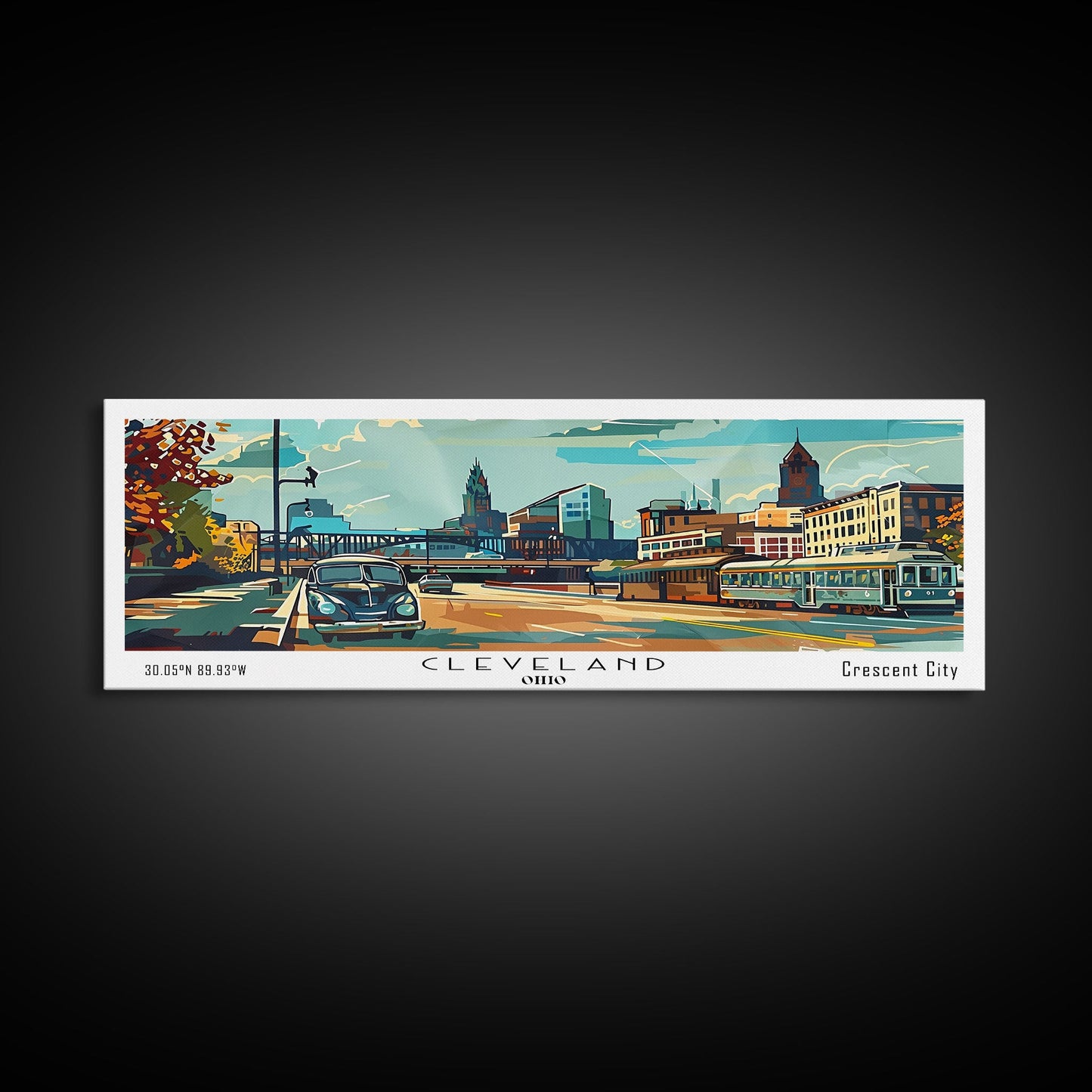 Cleveland Ohio Panoramic Wall Art, Mid Century Modern Framed Canvas Print, Retro Pop Art Travel Poster, Office Wall Art, Living Room Decor