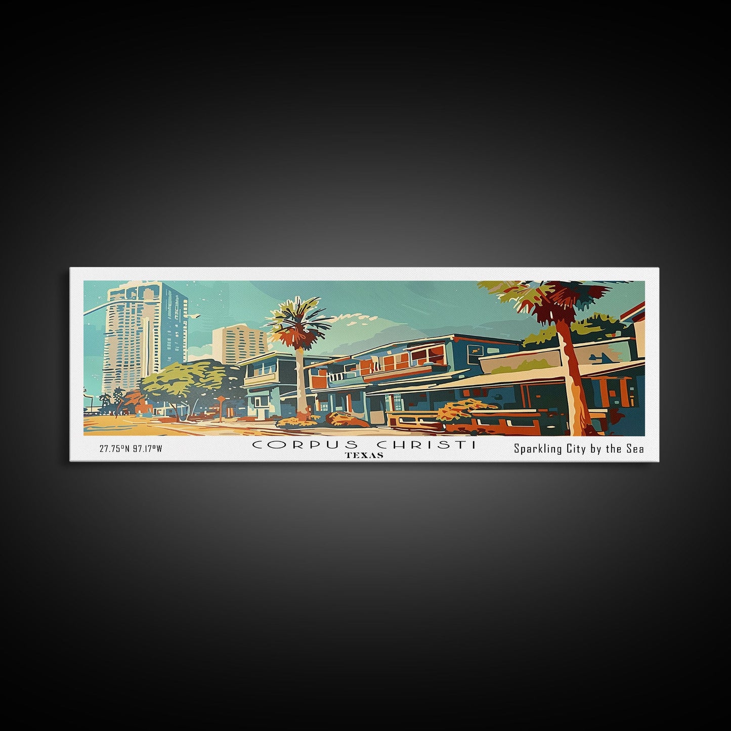 Corpus Christi Texas Panoramic Painting, Mid Century Modern Framed Canvas Print, Retro Pop Art Travel Poster, Wall Decor, Home Decor, Wall Hanging