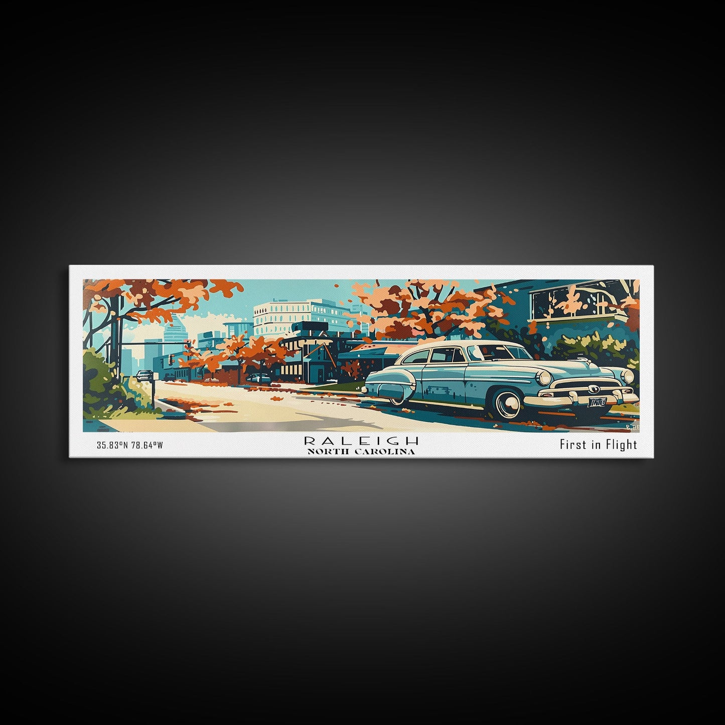 Raleigh North Carolina Panoramic Painting, Mid Century Modern Framed Canvas Print, Retro Pop Art Travel Poster, Living Room and Office Wall Art