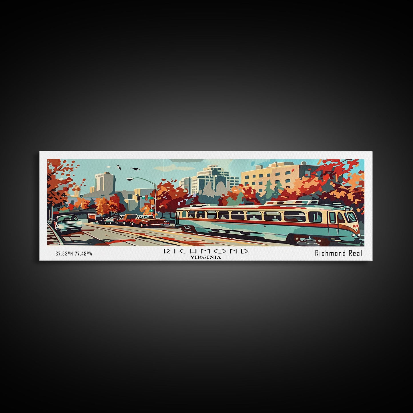 Richmond Virginia Panoramic Painting, Mid Century Modern Framed Canvas Print, Retro Pop Art Travel Poster, Living Room and Office Decoration