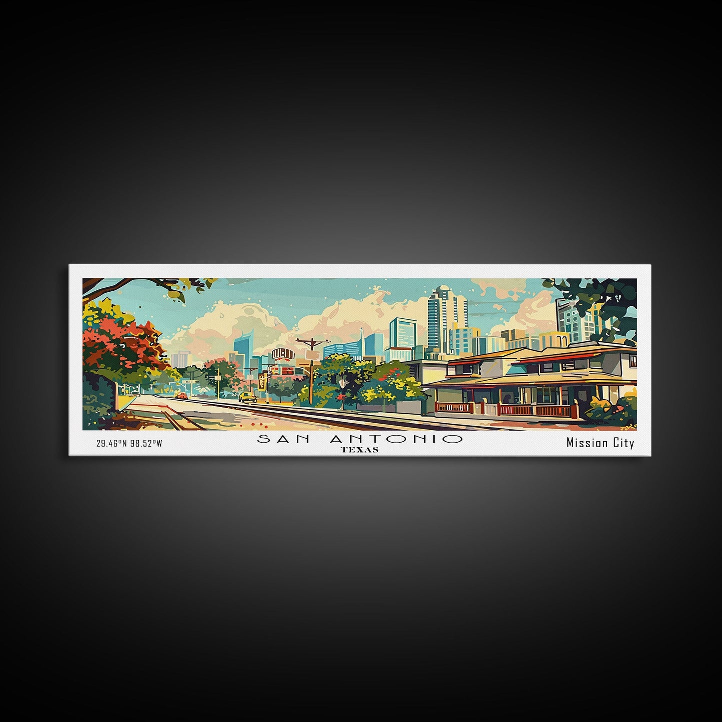 San Antonio Texas Panoramic Wall Art, Mid Century Modern Framed Canvas Print, Retro Pop Art Travel Poster, Living Room and Office Decor