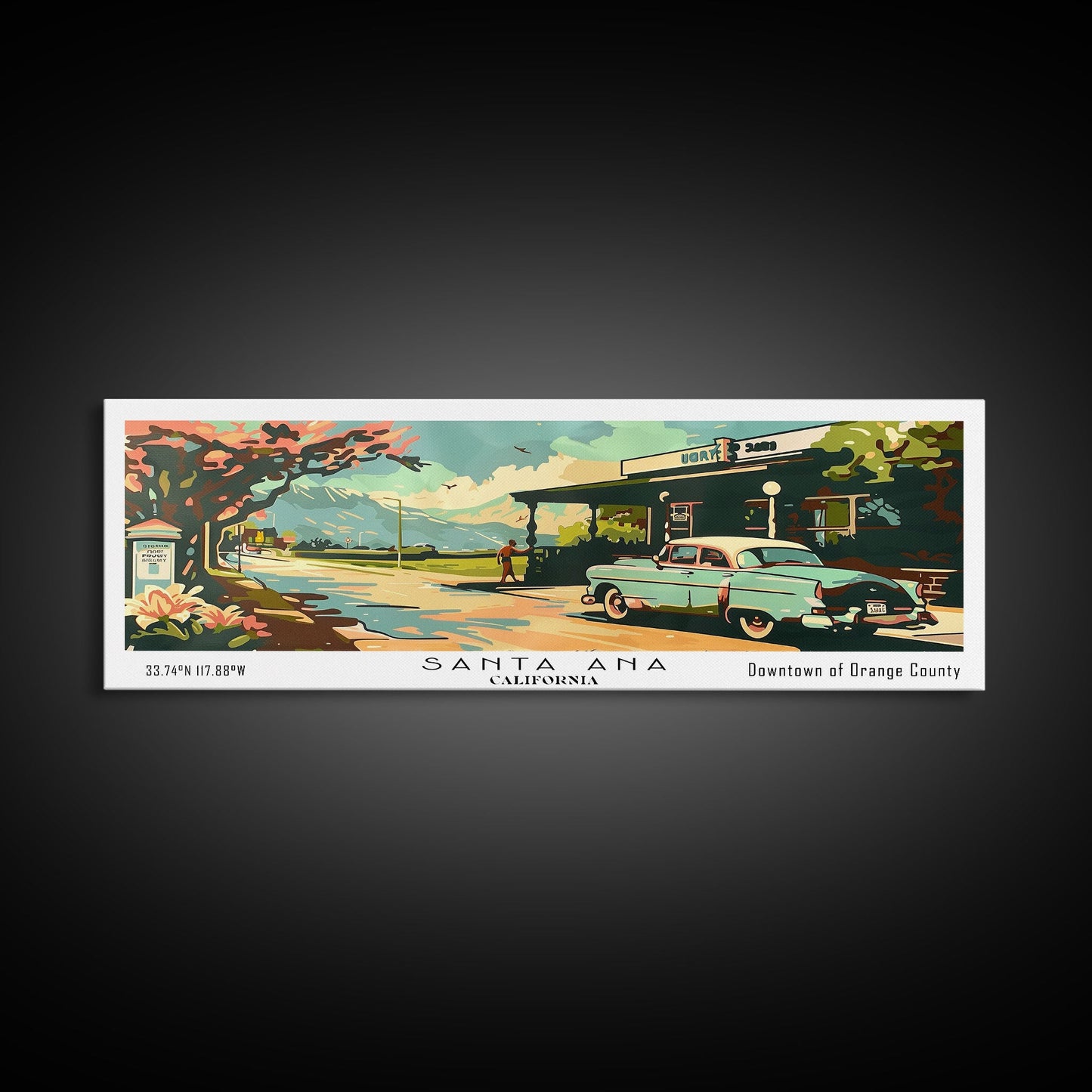 Santa Ana California Panoramic Painting, Mid Century Modern Framed Canvas Print, Retro Pop Art Travel Poster, Living Room and Office Wall Art
