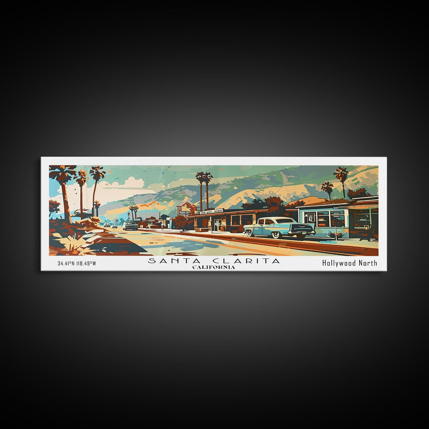 Santa Clarita California Panoramic Wall Art, Mid Century Modern Framed Canvas Print, Retro Pop Art Travel Poster, Living Room and Office Decor