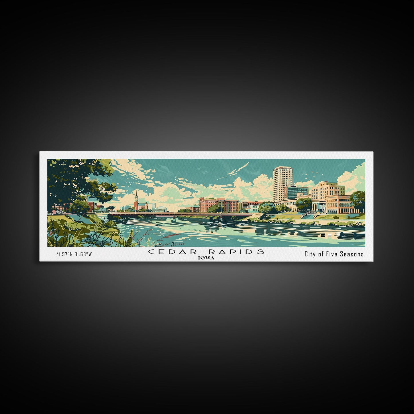 Cedar Rapids Iowa Panoramic Painting, Mid Century Modern Framed Canvas Print, Retro Pop Art Travel Poster, Living Room Wall Art Decor, City Print