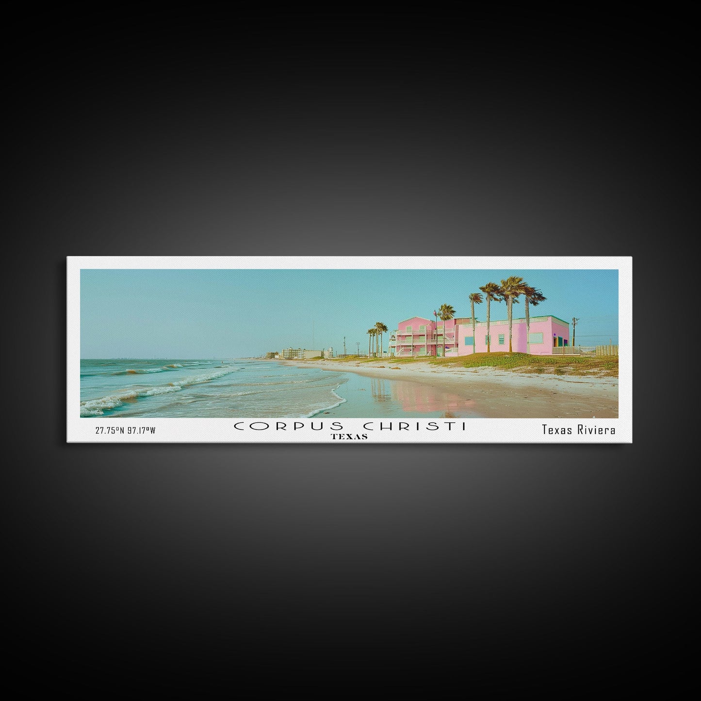 Corpus Christi Texas Panoramic Painting, Mid Century Modern Framed Canvas Print, Retro Pop Art Travel Poster, City Home Decor, Office Wall Art