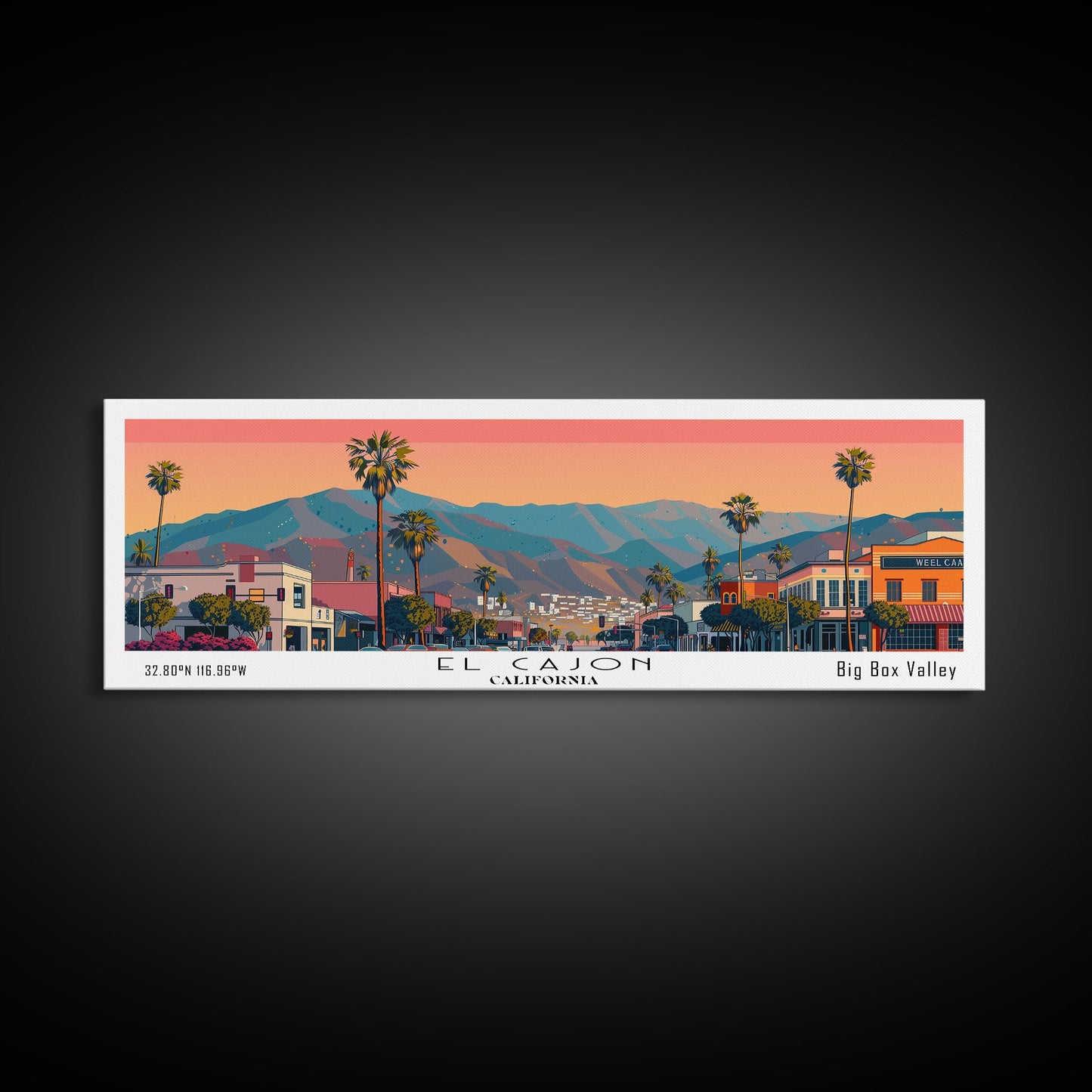 El Cajon California Panoramic Wall Art, Mid Century Modern Framed Canvas Print, Retro Pop Art Travel Poster, City Home Decor, Office Art