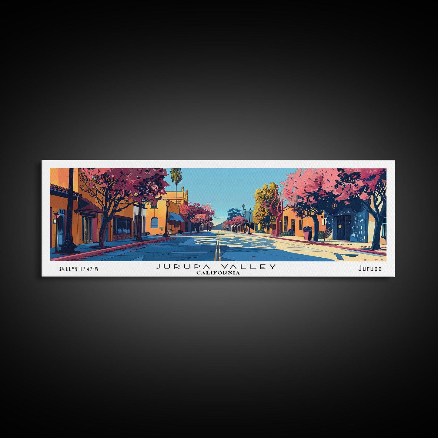 Jurupa Valley California Panoramic Painting, Mid Century Modern Framed Canvas Print, Retro Pop Art Travel Poster, Home Decor