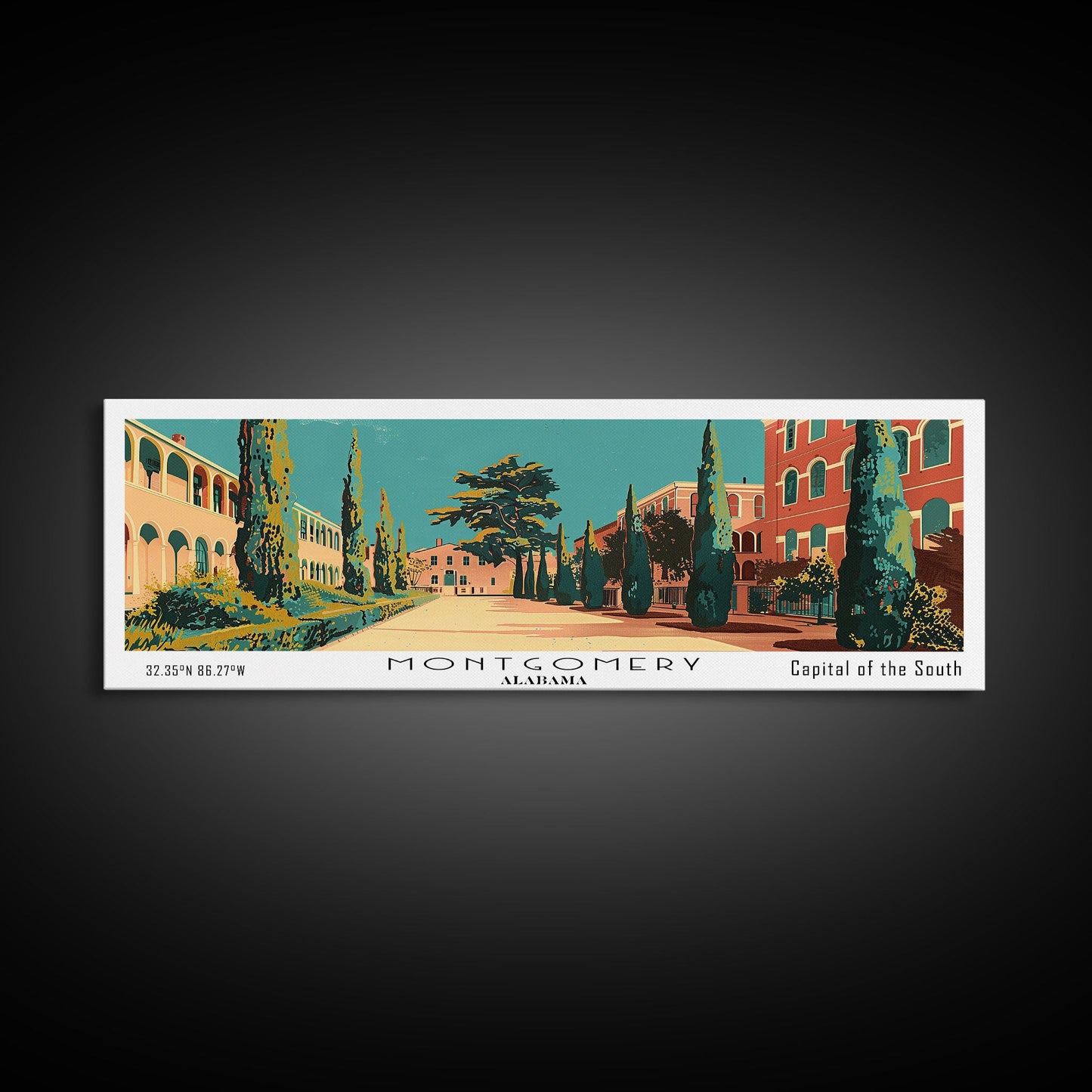 Montgomery Alabama Panoramic Wall Art, Mid Century Modern Framed Canvas Print, Retro Pop Art Travel Poster, Home Wall Art