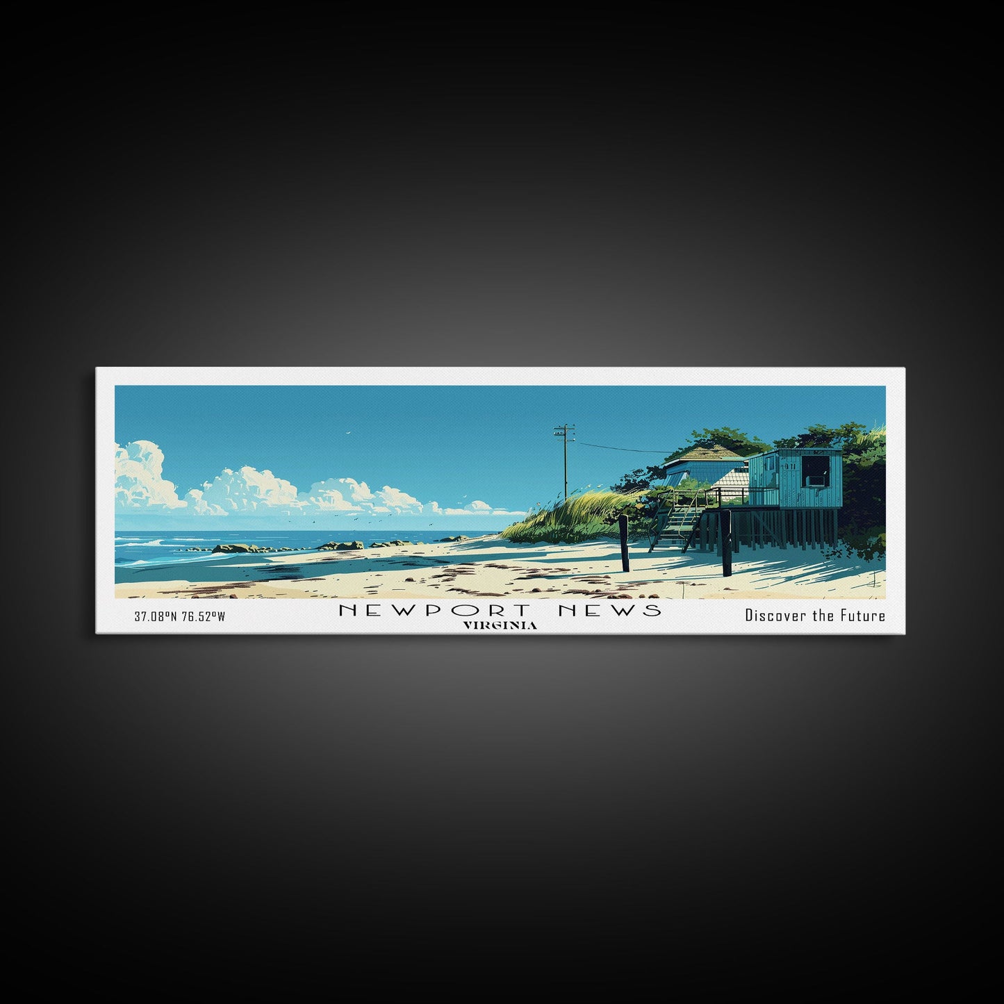 Newport News Virginia Panoramic Wall Art, Mid Century Modern Framed Canvas Print, Retro Pop Art Travel Poster, Home Wall Decor