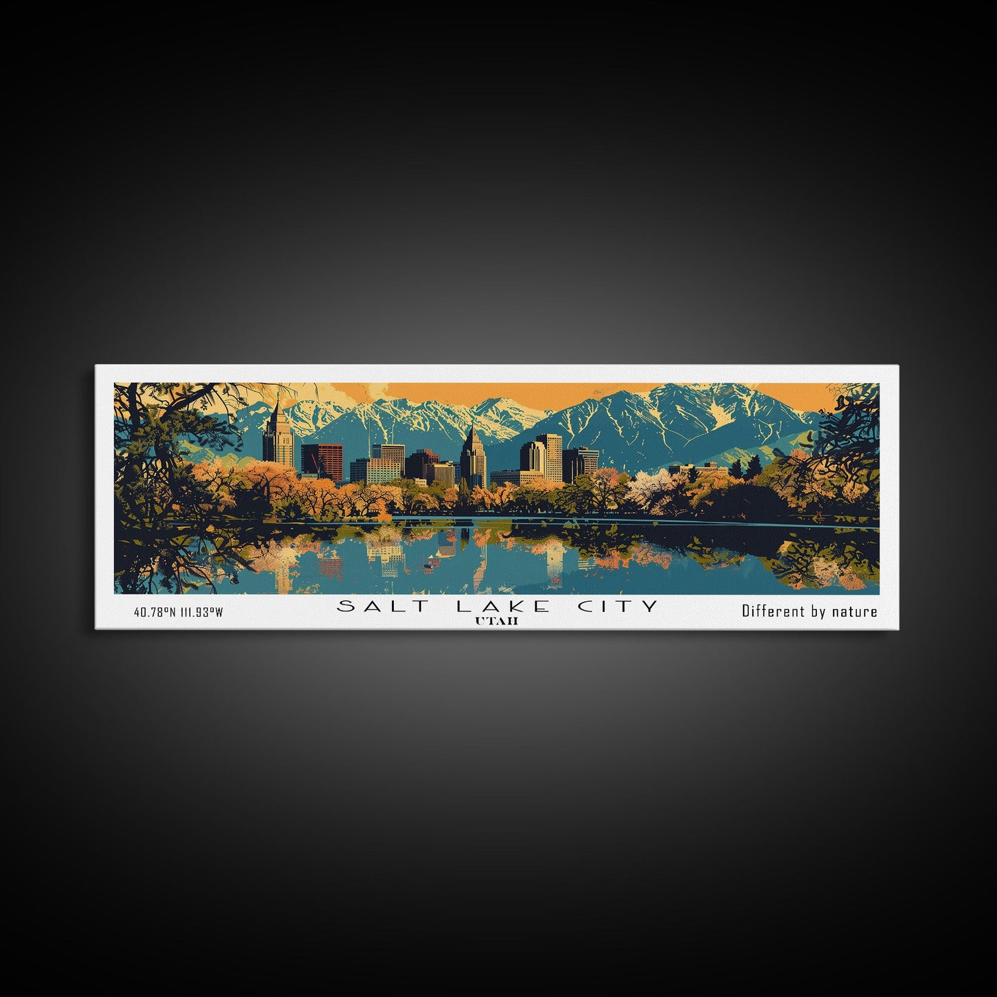 Salt Lake City Utah Panoramic Wall Art, Mid Century Modern Framed Canvas Print, Retro Pop Art Travel Poster, City Art, Office Wall Decor, Living Room Art