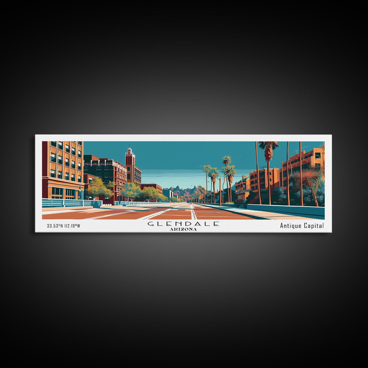 Glendale Arizona Panoramic Painting, Mid Century Modern Framed Canvas Print, City Art, Retro Pop Art Travel Poster, Living Room Decor, City Wall Art, Home Office Decor