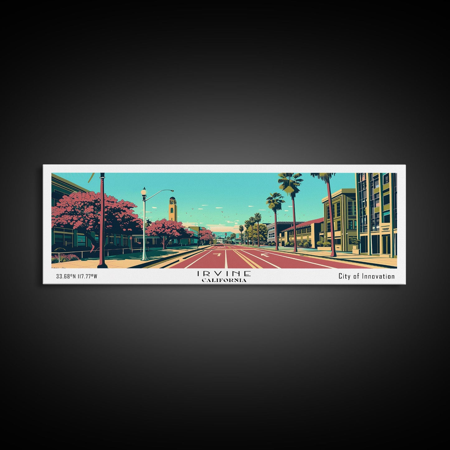 Irvine California Panoramic Wall Art, Mid Century Modern Framed Canvas Print, Retro Pop Art Travel Poster, Cityscape Decor, Living Room Art, Office Wall Art, Home Decor