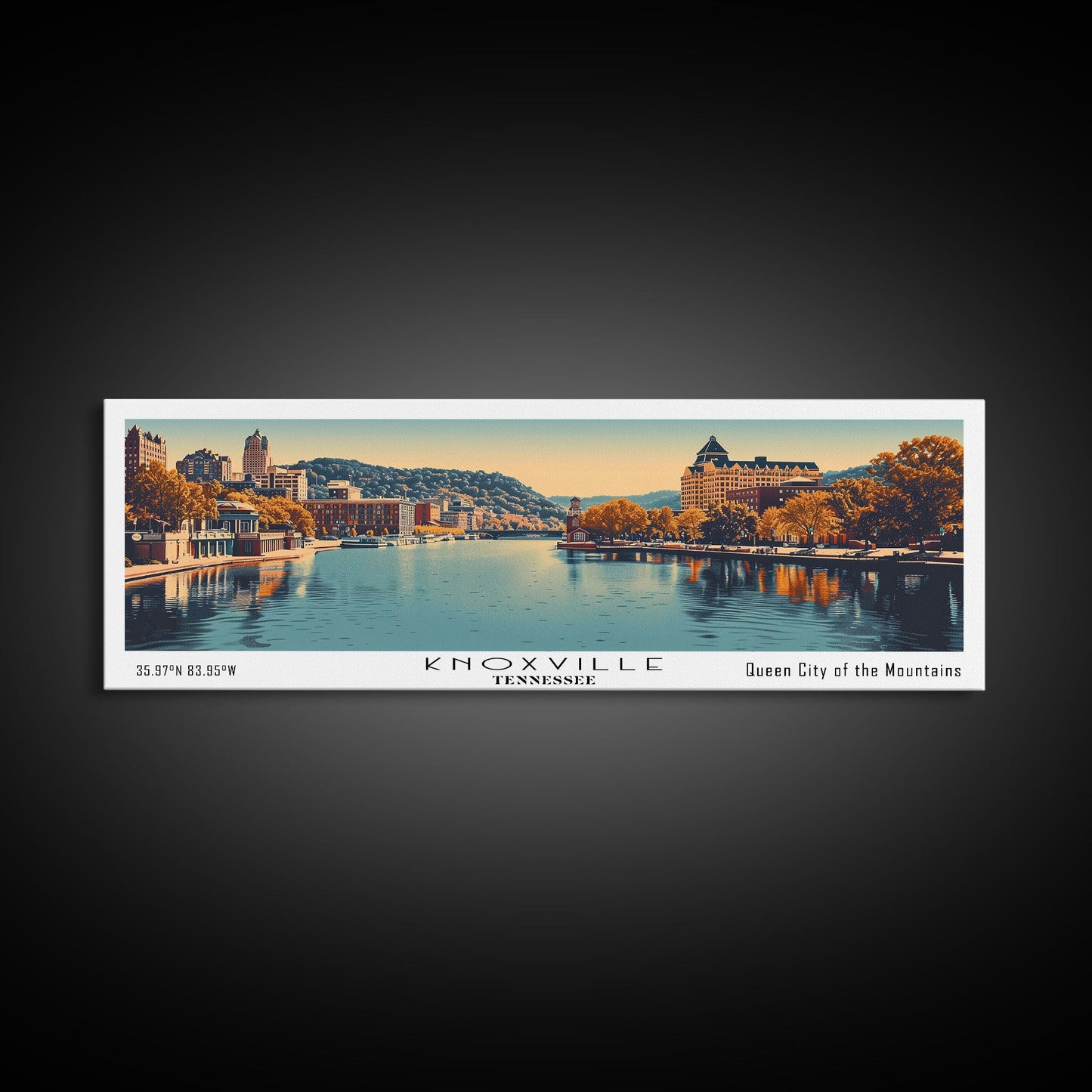 Knoxville Tennessee Panoramic Painting, Framed Canvas Print, Mid Century Modern Wall Art, Retro Pop Art Travel Poster, Cityscape Decor, Living Room Art, Office Wall Art