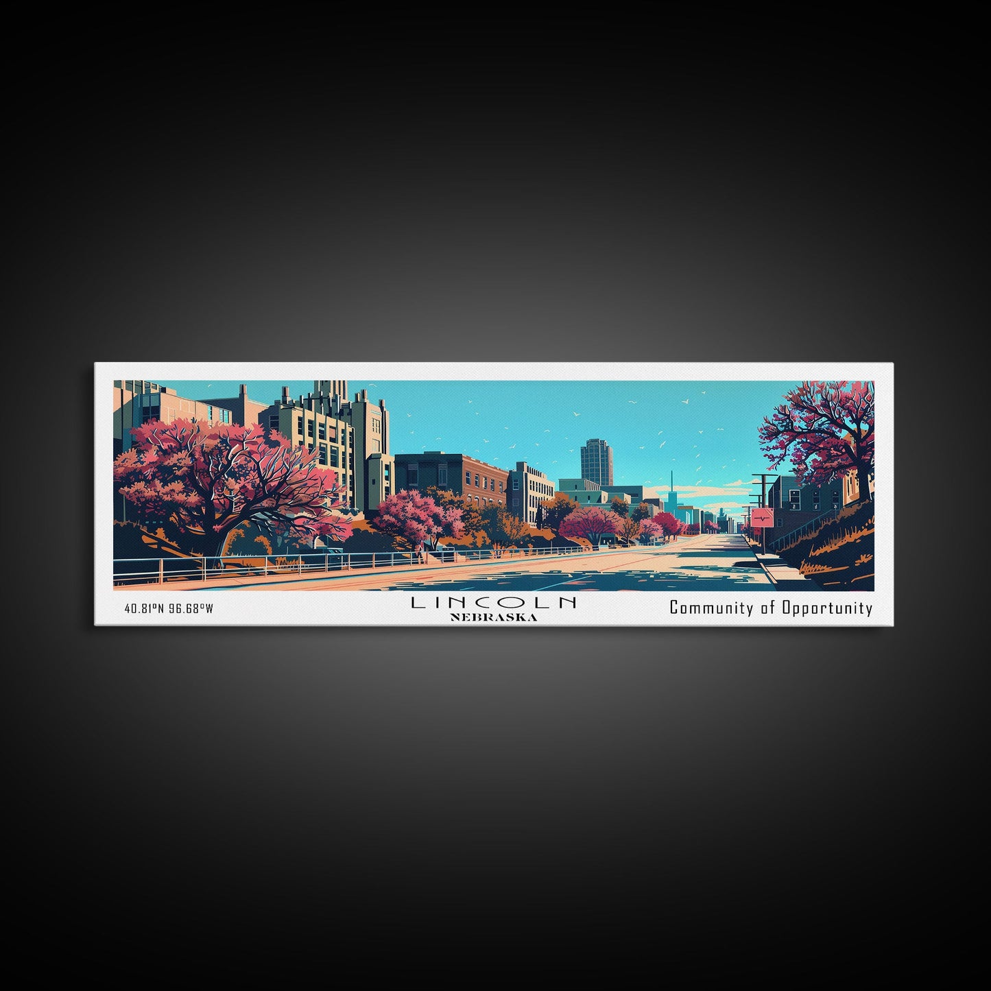 Lincoln Nebraska Panoramic Wall Art, Mid Century Modern Framed Canvas Print, Retro Pop Art Travel Poster, Office Decor, Gift Idea