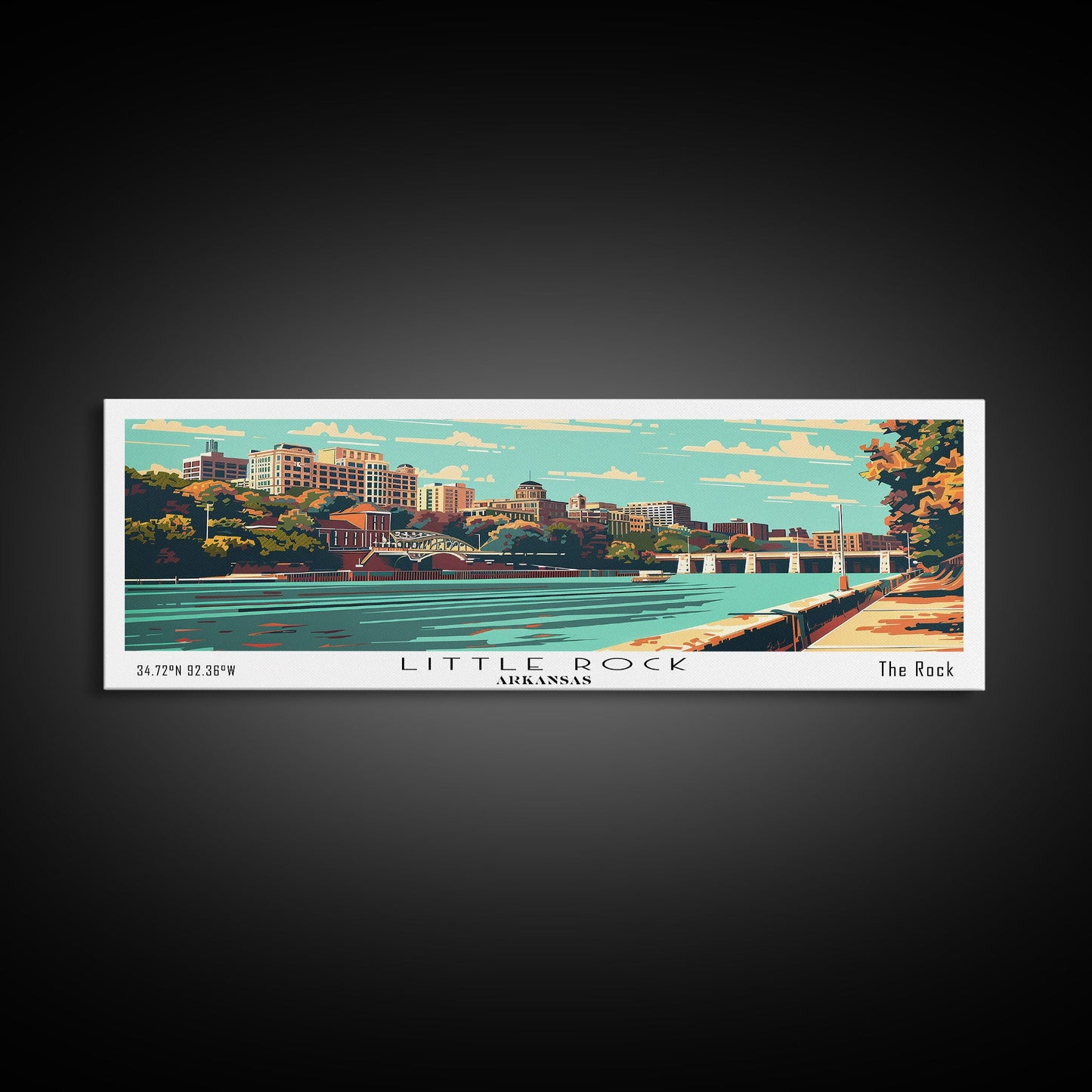 Little Rock Arkansas Panoramic View, Mid Century Modern Framed Canvas Print, Retro Pop Art Travel Poster, Office Decor, Cityscape Art