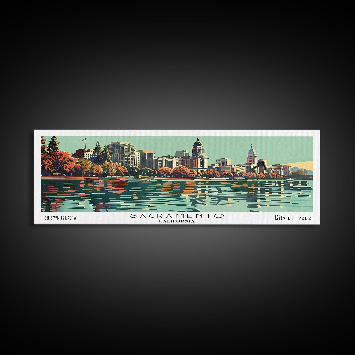 Sacramento California Panoramic Painting, Mid Century Modern Framed Canvas Print, Retro Pop Art Travel Poster, Cityscape, Home Decor, Office Wall Art