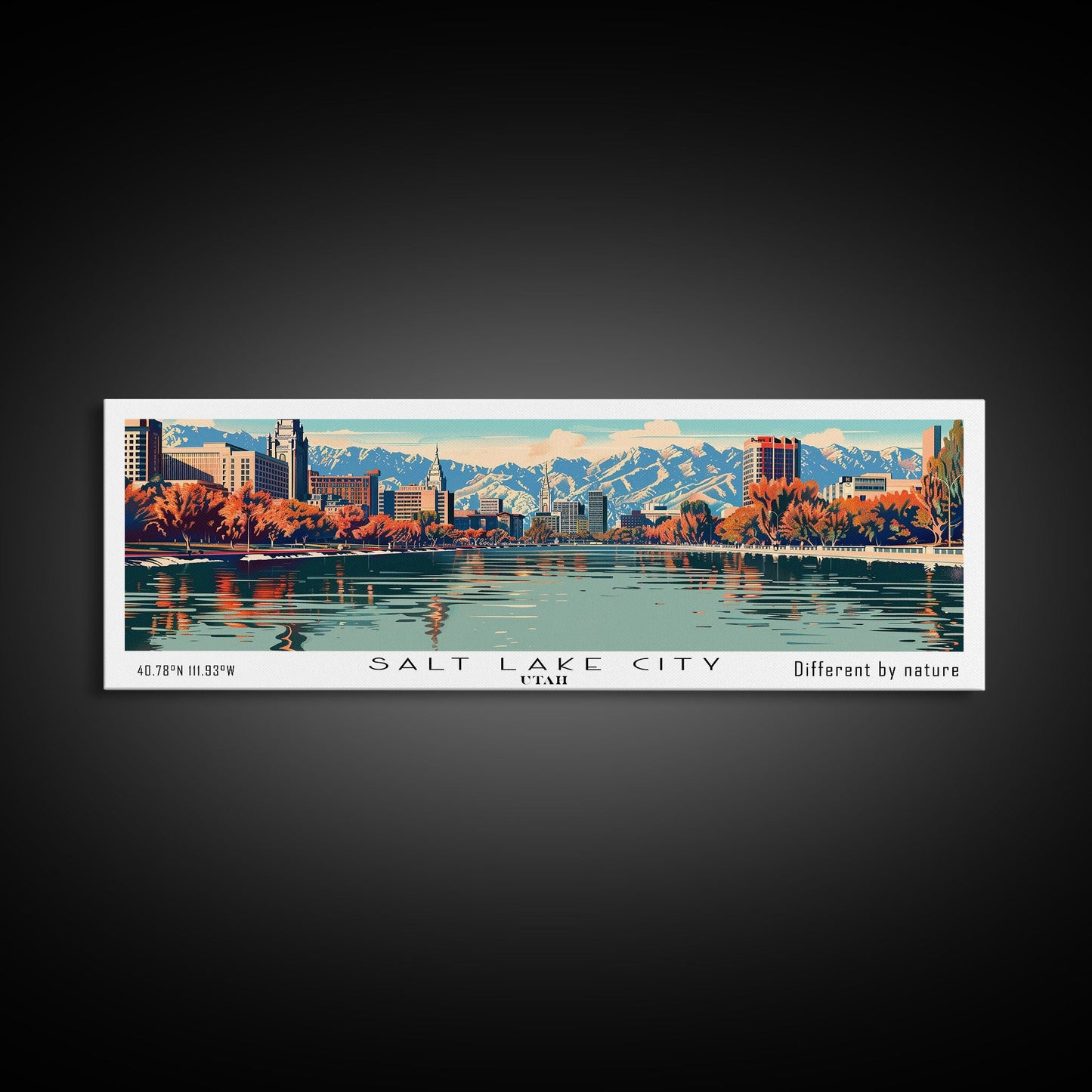 Salt Lake City Utah Panoramic Wall Art, Mid Century Modern Framed Canvas Print, Retro Pop Art Cityscape, Travel Poster, Living Room Decor