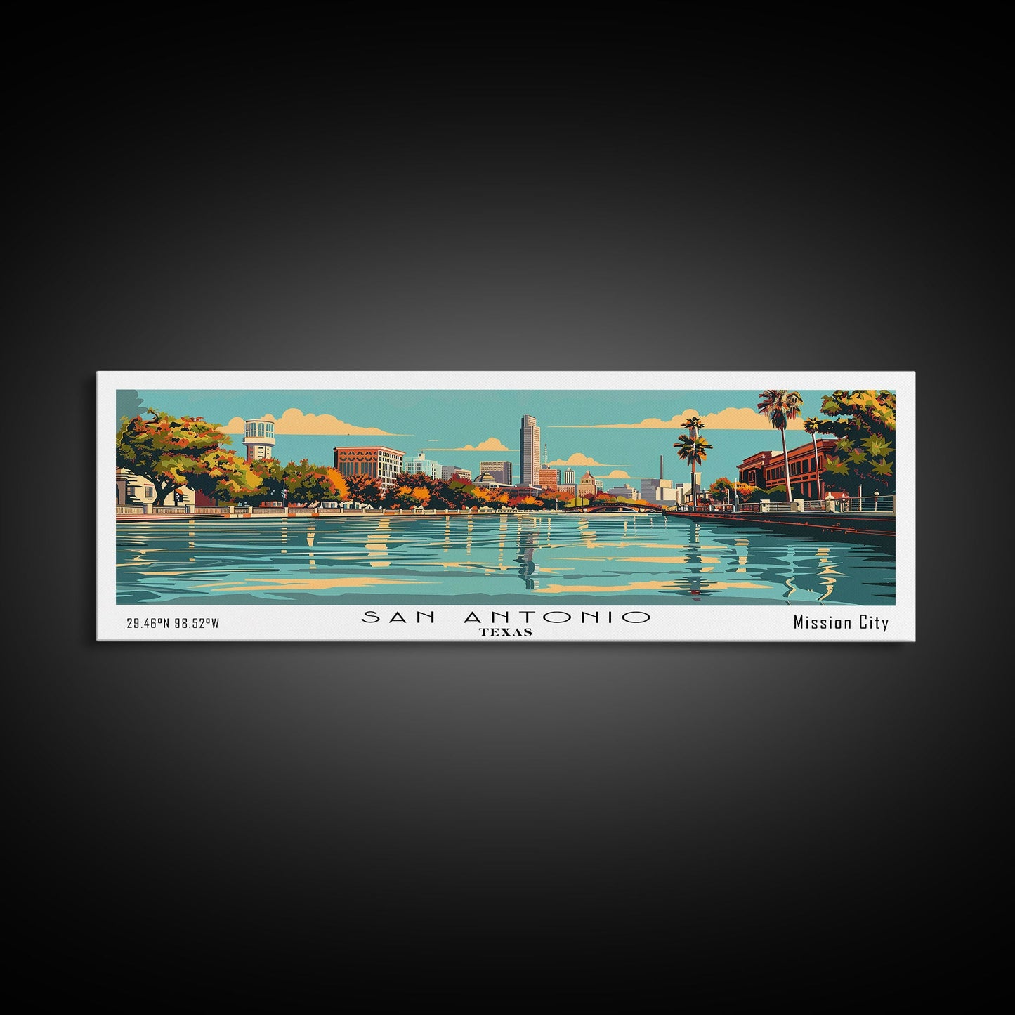 San Antonio Texas Panoramic Painting, Mid Century Modern Framed Canvas Print, Retro Pop Art Travel Poster, Cityscape, Home Decor, Office Wall Art