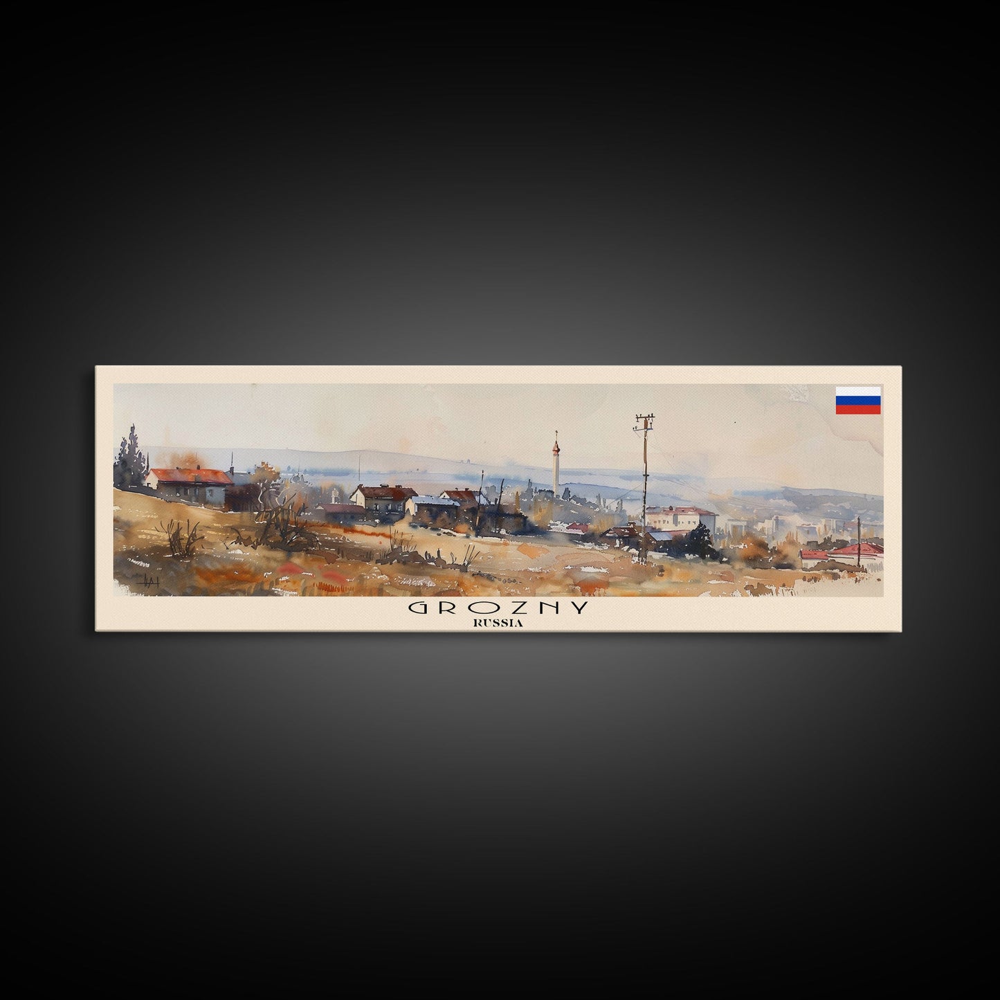 Grozny Russia Panoramic Travel Poster, Framed Canvas Print or Metal Wall Art, Travel Art, Home Decor, Panoramic Painting, Midcentury Art